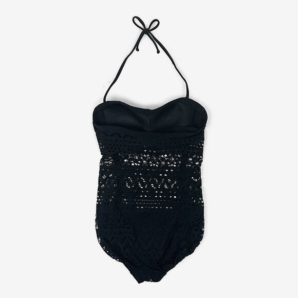 Robin Piccone Penelope Crochet Overlay Swimsuit Size 6 Black One Piece Swimwear - Picture 2 of 4
